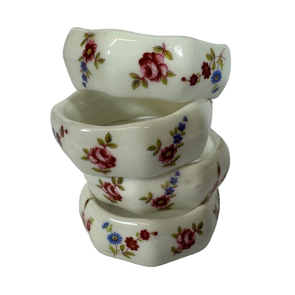Porcelain Floral Chintz Napkin Rings Octagonal White Rosey Red Blue Set Of 4 Vtg